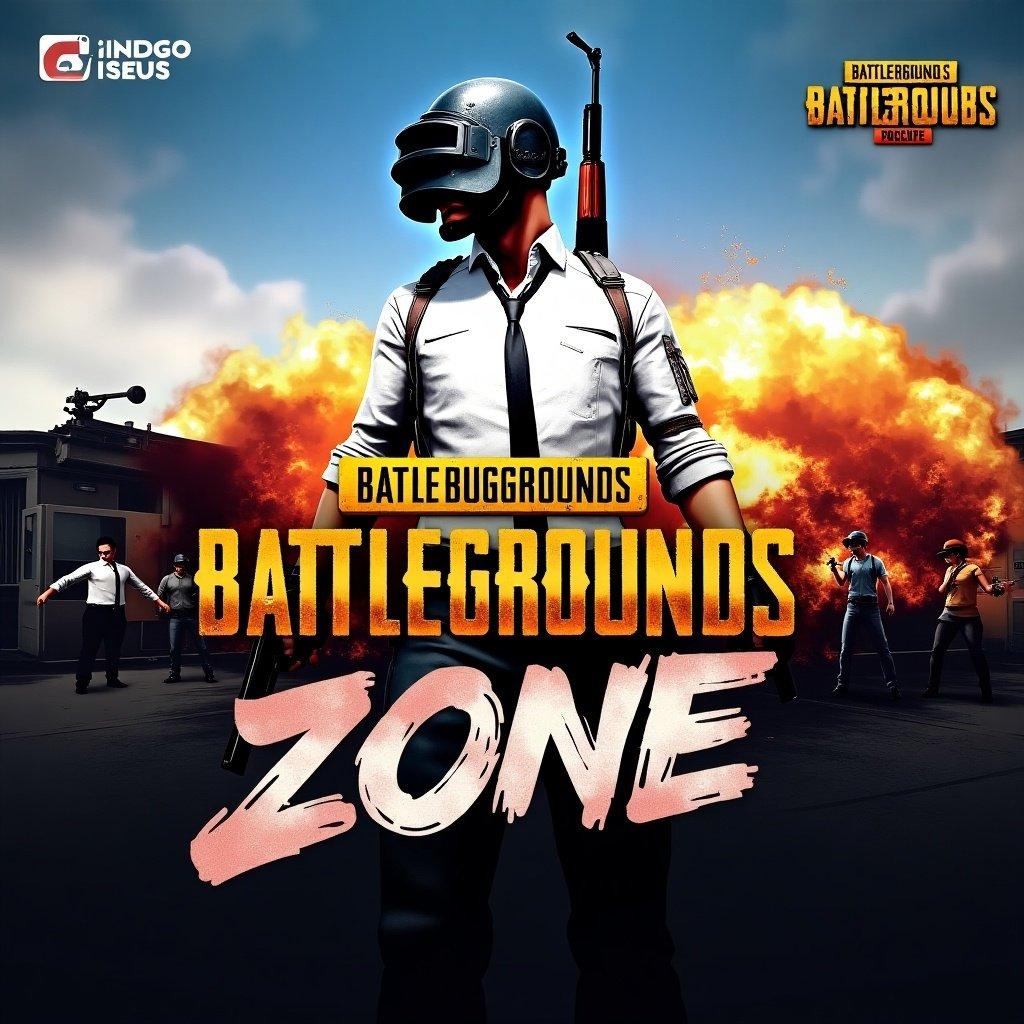 PUBG Mobile themed poster featuring a central battle-ready character with a helmet holding a weapon. Fiery explosion in the background with additional characters in various positions. Bold text overlay indicating a focus on battle zones.