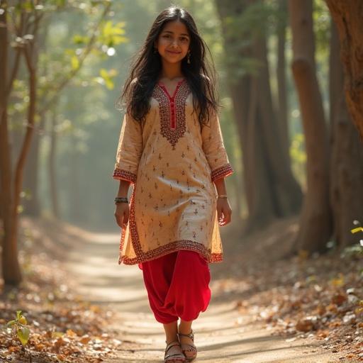 Indian girl wearing kurti and leggings standing on a path in a forest, soft lighting illuminates the scene.