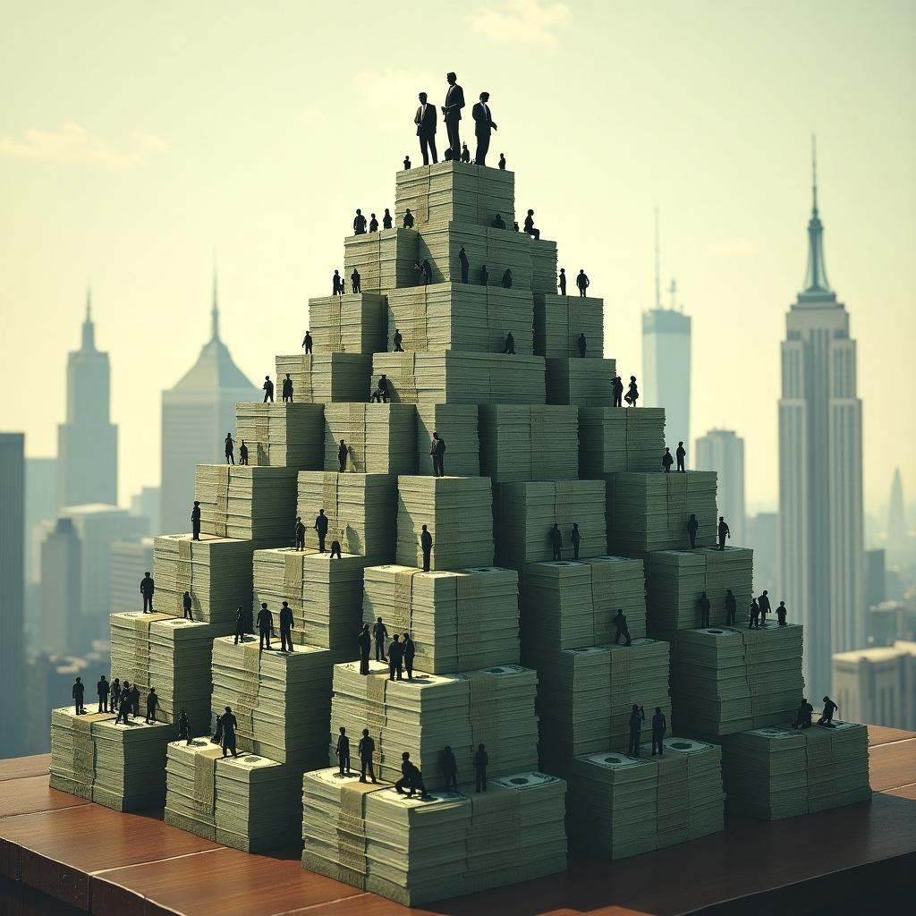 Pyramid structure made of money with silhouettes of people at different levels. City skyline in the background. Focus on stacked currency as main feature.