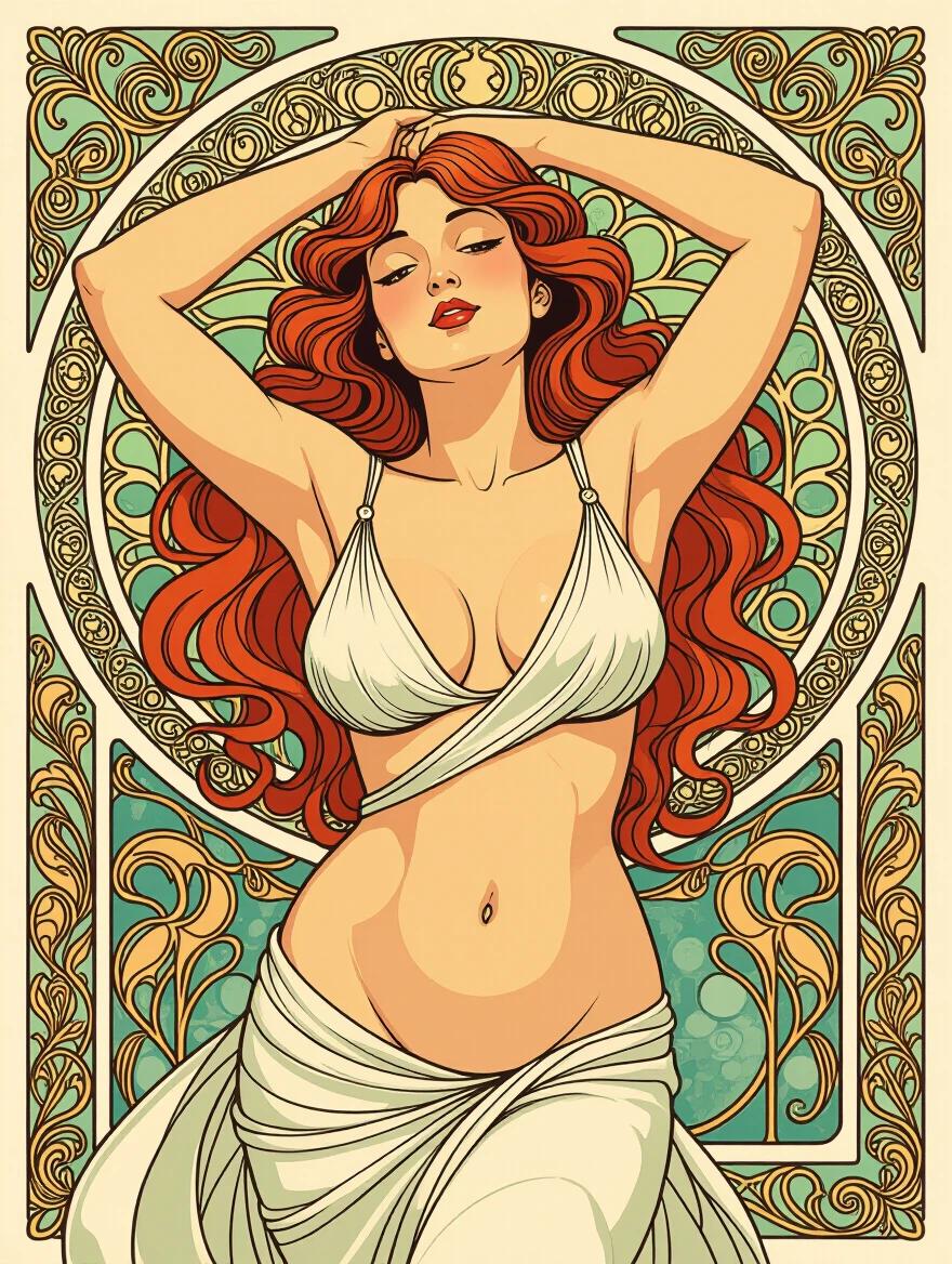 Stylized illustration of a woman in draped fabric with large breasts. Decorative background is inspired by Art Nouveau style with flowing lines and elegant patterns. Color scheme includes turquoise and muted tones. The figure is posed with an expression of confidence.