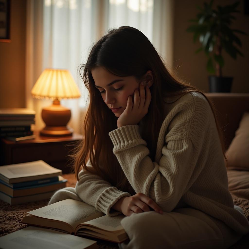 A girl sits by a lamp reading a book with a thoughtful expression. She wears a cozy sweater and has long hair. The scene is warm and inviting with soft lighting.