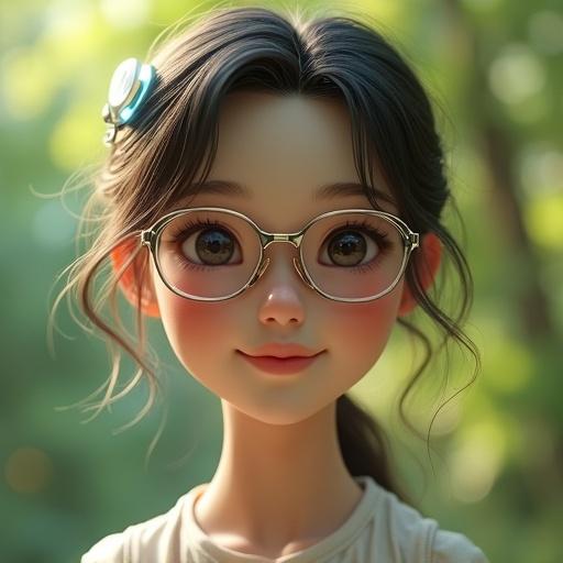 Full body shot of a beautiful android woman standing in a lush green outdoor setting. The woman has a youthful appearance and wears modern glasses. She smiles gently and has kind eyes. The skin texture is realistic, with pores and natural tone variations. Her eyes behind the glasses are expressive with reflections. Individual hair strands and robotic accessories are visible in her hair. The clothing is modern with realistic fabric texture. A soft natural background adds to the serene atmosphere.