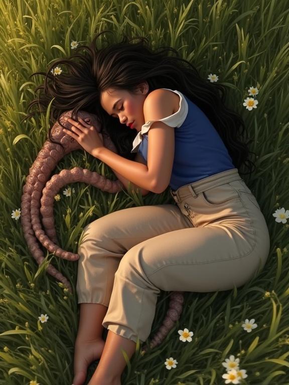 Realistic image depicting a girl lying on a summer meadow with an alien creature. The girl has long messy hair and is in a relaxed position. The creature is tentacled and has its head resting on her thighs. The scene reflects friendship and tranquility, surrounded by grass and flowers.