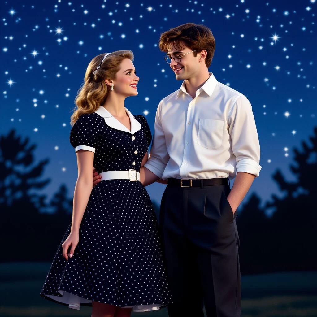 A romantic scene features a couple at a Sadie Hawkins dance. They're outside under a star-filled sky. A woman wears a black polka dot swing dress with a white belt. A man wears a white shirt and fitted trousers. 1950s hairstyles are styled nicely.