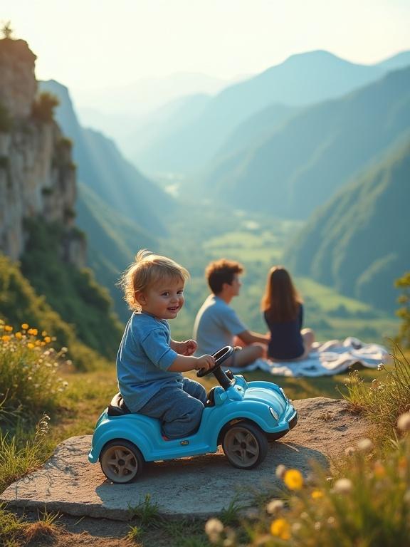 Captivating scene of a joyful toddler in a blue miniature car on a cliff overlooking valleys. A peaceful couple enjoys a picnic in the background. Soft golden lighting creates a warm atmosphere with wildflowers at the cliff edge.