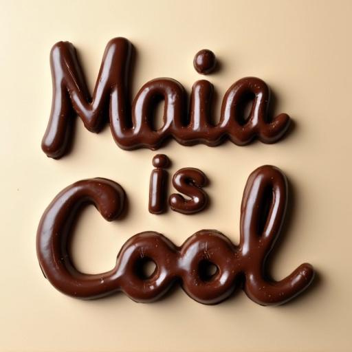 Words Maia is Cool written in chocolate on a light background. The chocolate is glossy and smooth. Simple composition focuses on the chocolate text.