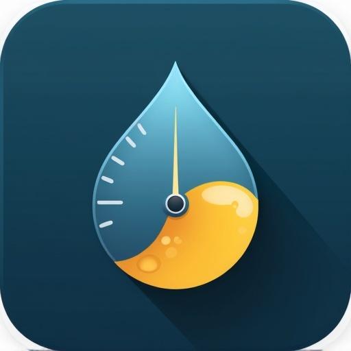 Create a sleek app icon for an oil humidity monitoring tool. Center a stylized oil droplet with a deep amber bottom half and a translucent blue top half. Overlay a minimal digital gauge across the droplet's center. Use clean geometric shapes and crisp outlines. Background transitions from dark navy to teal. Add a subtle long shadow and gloss highlight.
