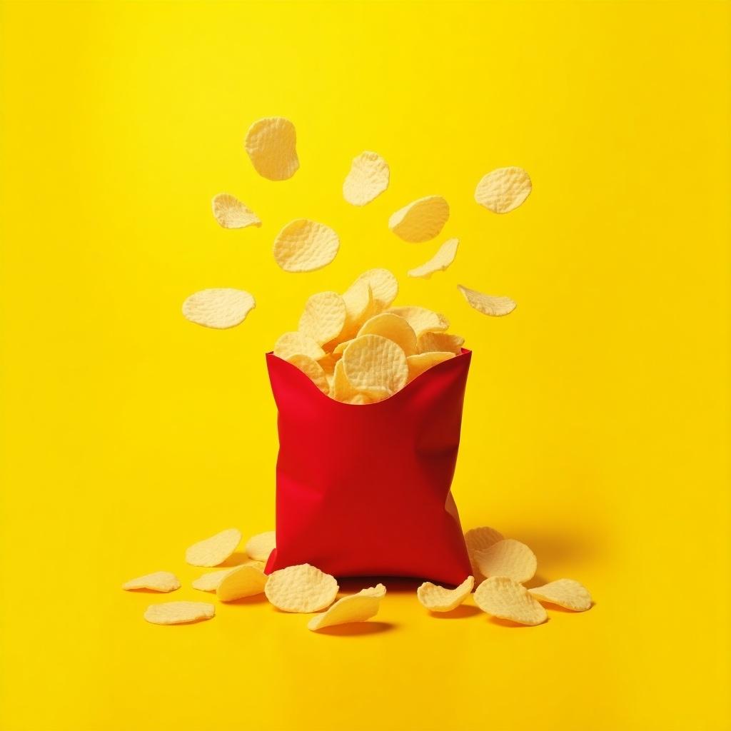 Vibrant image of potato chips bag bursting surrounded by scattered chips against a yellow background.