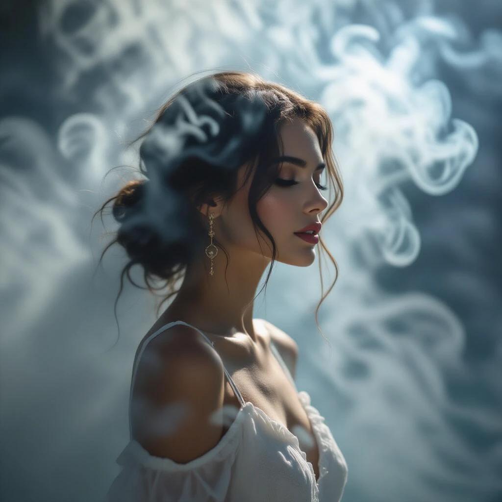 Ethereal scene. Smoke surrounds silhouette of a woman. Soft and diffused lighting. Dreamy and mystical atmosphere.