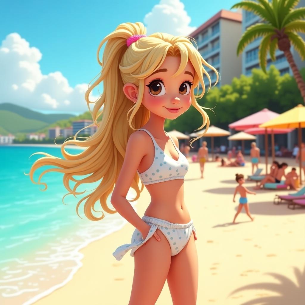 Image of a cartoon-style girl at the beach with long blond hair. She is wearing a polka dot bikini and smiling. The background shows clear blue water and umbrellas. A lively beach atmosphere is present with other people enjoying outside.