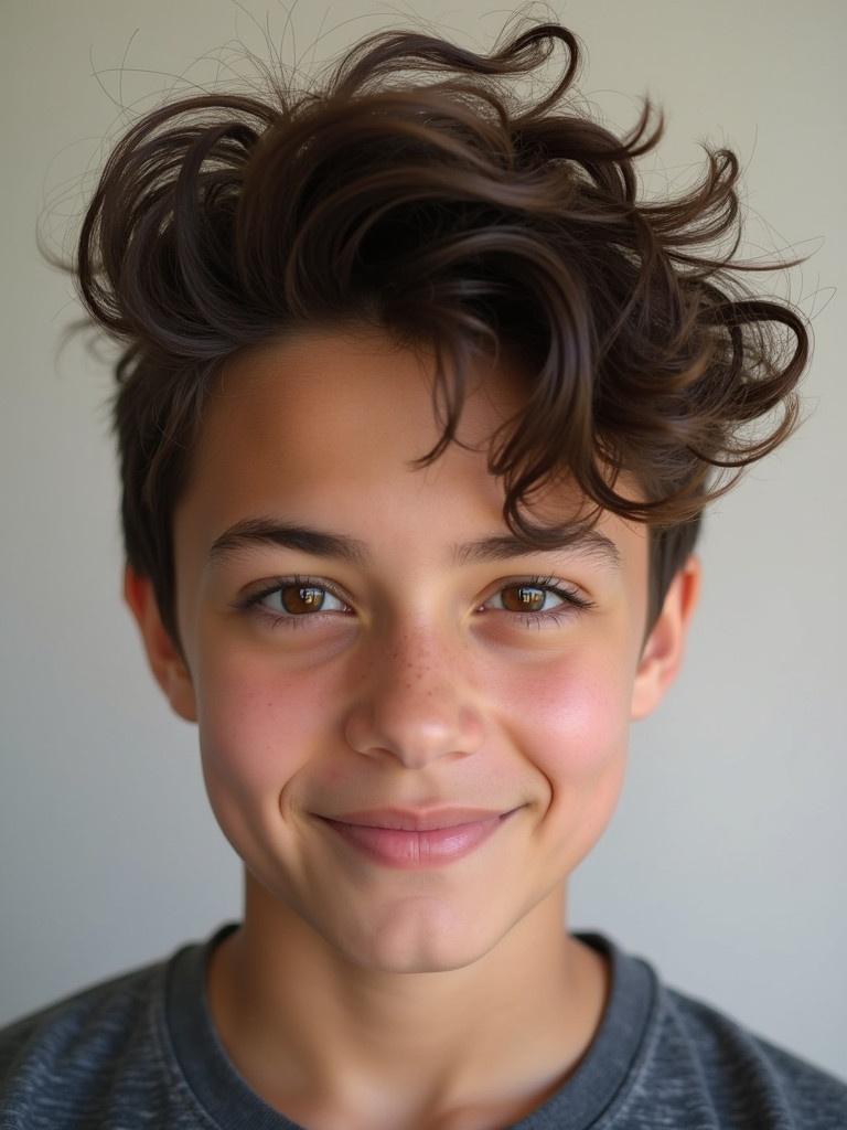 Young person with stylish wavy hair. Confident demeanor highlighted by soft lighting.