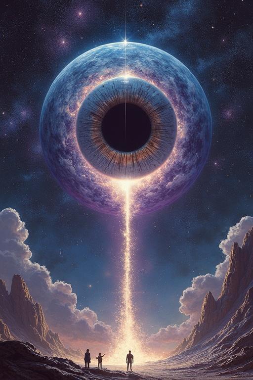 A colossal spherical hall contains a giant pulsating eye. The eye's pupil dilates and contracts in agony. Radiating energy channels display damage and oozing substance. Iris displays purple and black shades. Characters stand in awe.