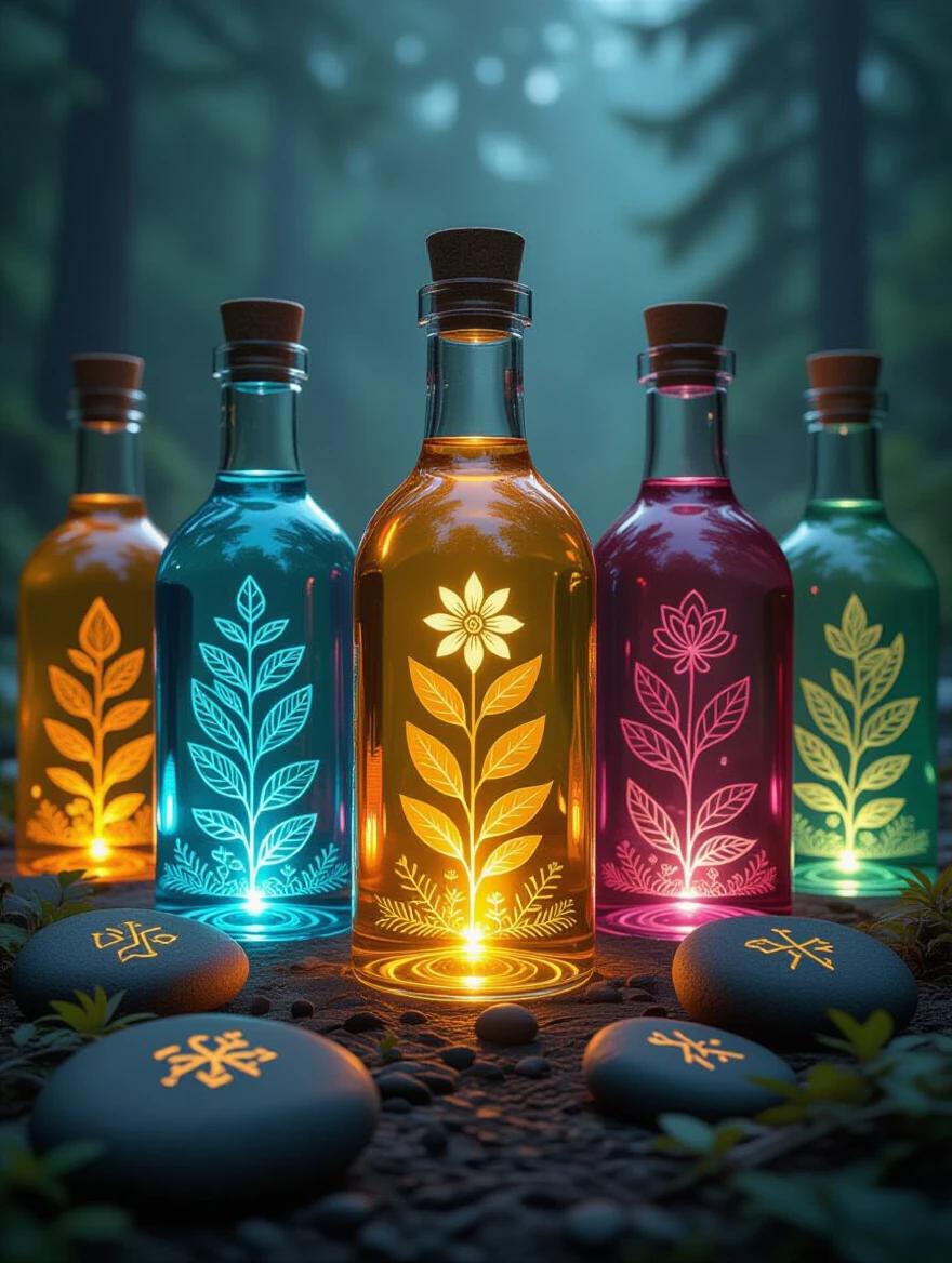 Image of transparent bottles with plant and animal shapes. Bottles filled with colorful glowing liquids. Nearby stones with shining Viking runes. Photographic style with a mysterious and eerie atmosphere. Well illuminated and realistic.