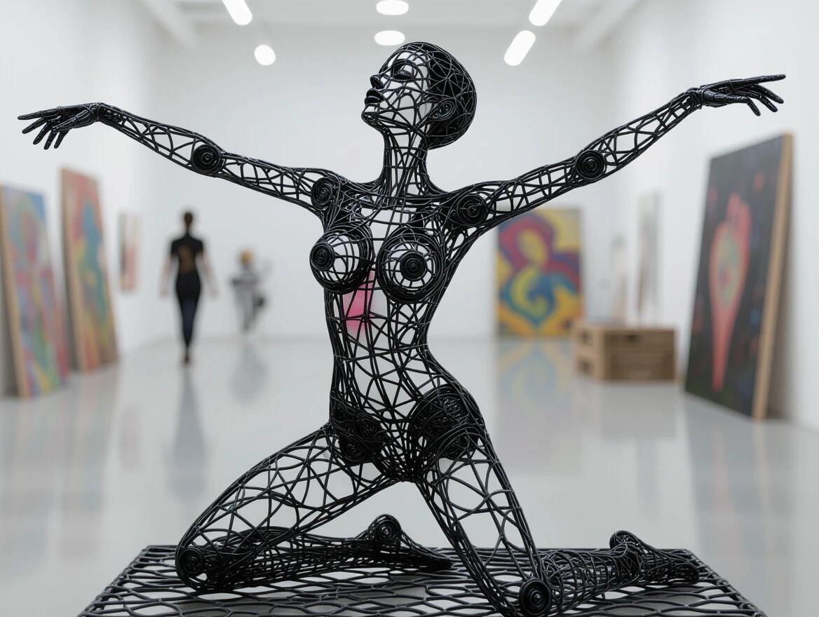 Three-dimensional abstract sculpture made of wire mesh. Sculpture has a human figure with arms outstretched. Figure kneeling with one leg bent suggesting a pose. Background features hints of a modern art gallery. Lighting casts dramatic shadows enhancing the wire sculpture's details.