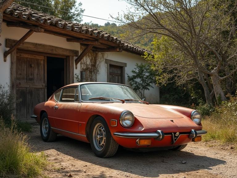 A vintage car parked in front of a rustic wooden house with no gate and dirt road surroundings. The car has a weathered red finish. The setting is peaceful and natural with some trees and grass around.
