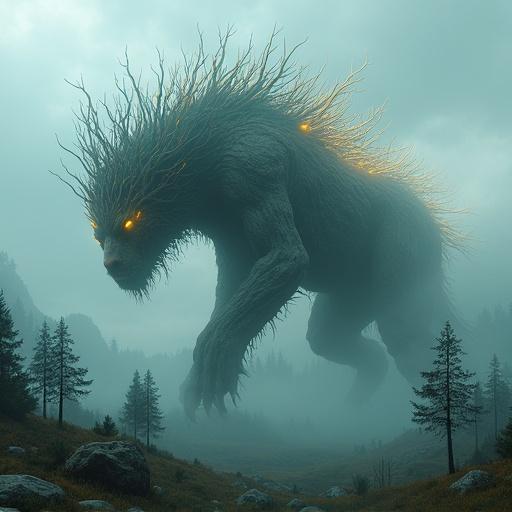 A majestic tree-like creature with bark-textured skin walks through a misty valley. Bioluminescent details glow softly in the dawn light. Surrounding trees show scale. The scene has volumetric fog effects and a hyperrealistic 3D rendering style.