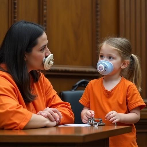 A young girl pretends to be a judge while her mother sits in a courtroom. The mother is wearing an orange jumpsuit and has handcuffs. The girl has oversized pacifiers in her mouth. The setting captures a courtroom atmosphere with wooden panels.