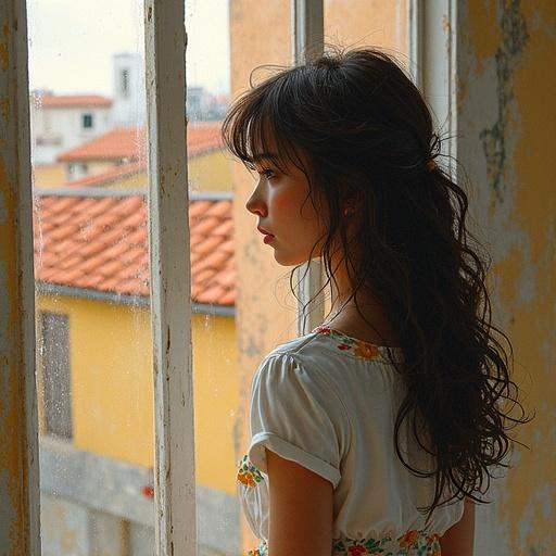 Illustration of a girl from behind looking at buildings through a window. Soft natural light creates a warm atmosphere. The girl has long hair and wears a floral outfit.