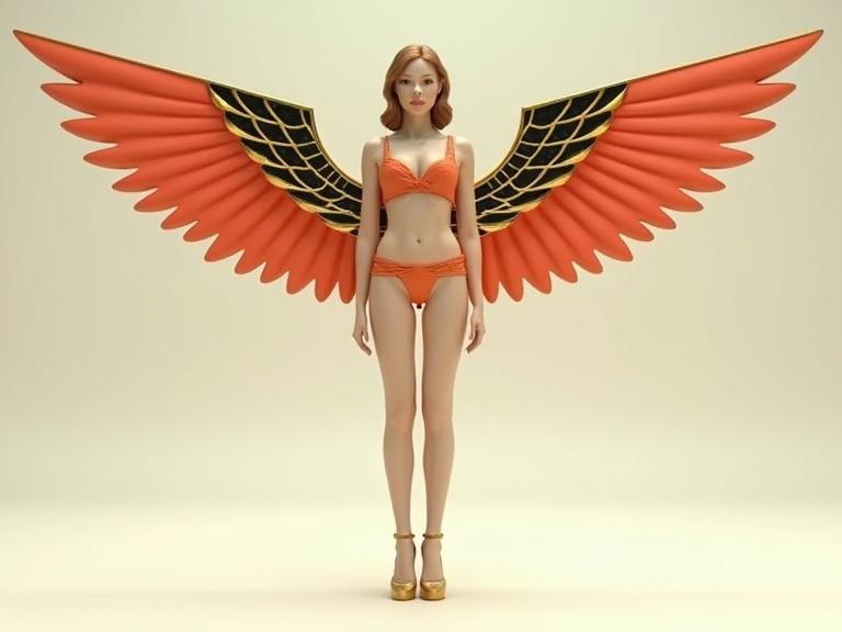 3D model of a woman in a vintage bikini. Standing on the ground with broad wings. Futuristic design inspired by Bauhaus. High heels and geometric elements. Jewelry with gold and coral accents. Sharp focus with high dynamic range.