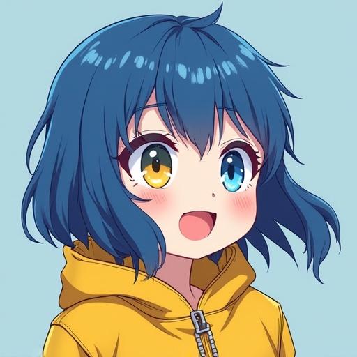Anime portrait of a girl with blue hair and blue yellow heterochromatic eyes in a yellow raincoat.