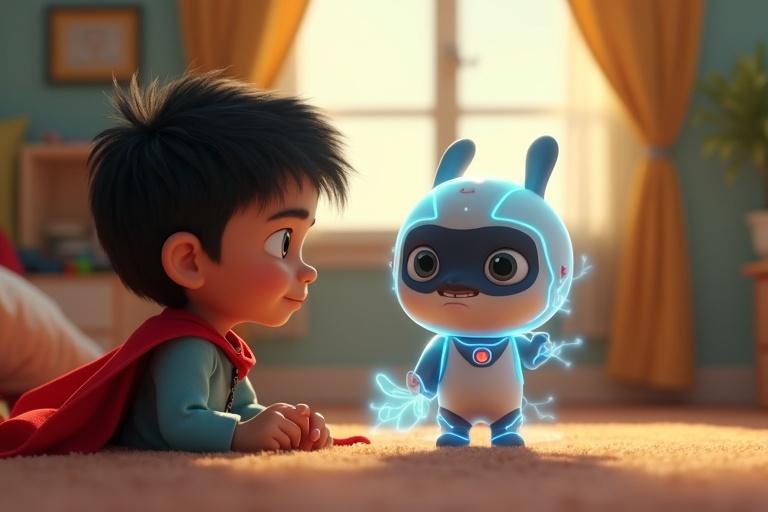 A child plays with a glowing robot toy in a cozy bedroom. The child wears a red cape. The robot has a futuristic look. The atmosphere is bright and cheerful. Soft lighting and a welcoming environment enhance the scene.