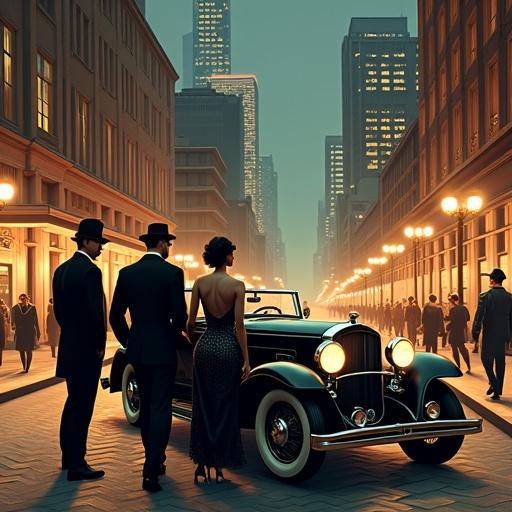 A luxurious street scene capturing the essence of the 1920s. Elegant figures dressed in vintage fashion stand beside a classic car. Art Deco buildings rise in the background. The atmosphere evokes a nostalgic feeling of glamour.