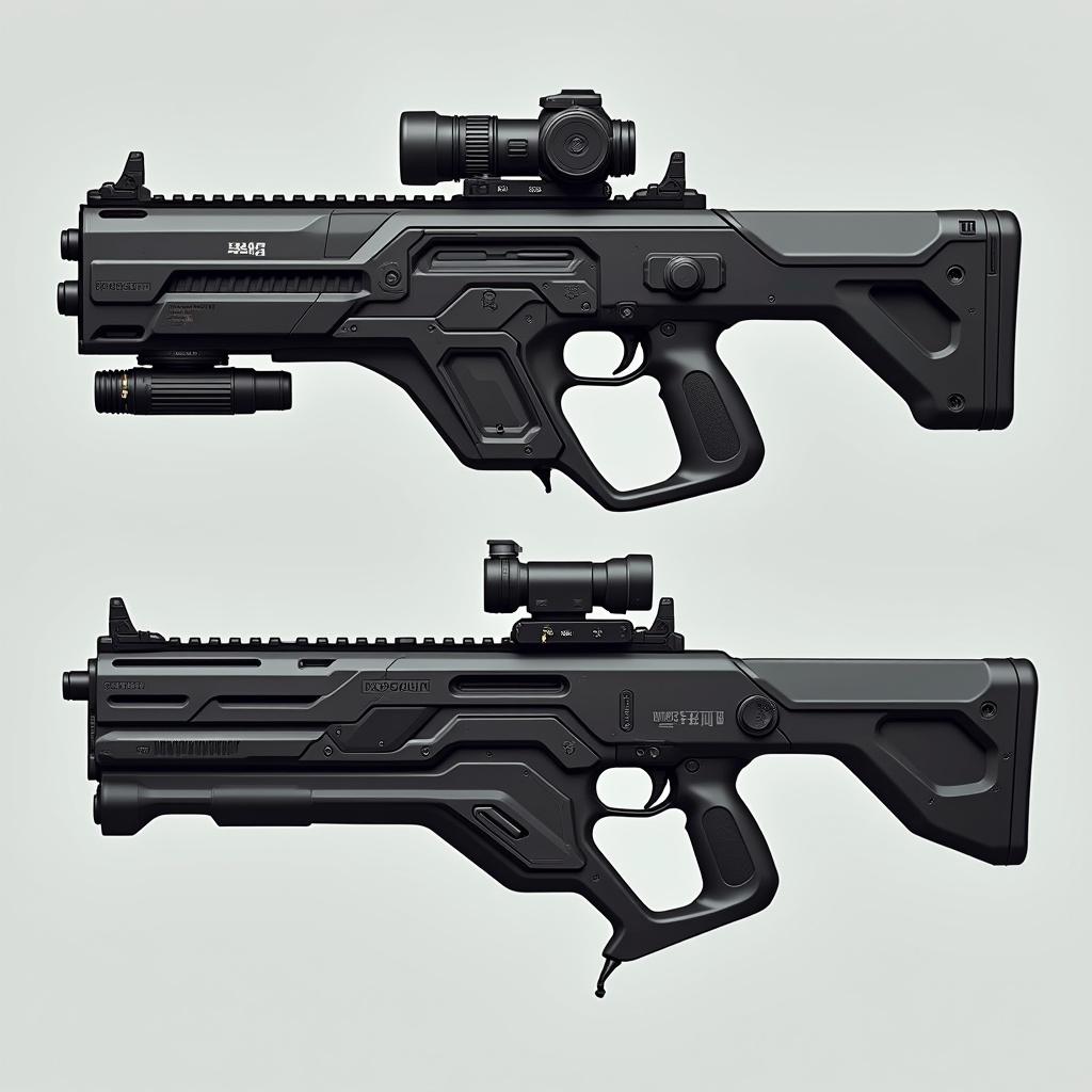 Futuristic weapon design combines elements from various firearms. Non-bullpup layout with sharp edges. Black and gray color scheme. Ergonomic and tactical appearance. Highlights military-grade quality. Unique conglomeration of features suitable for sci-fi contexts.