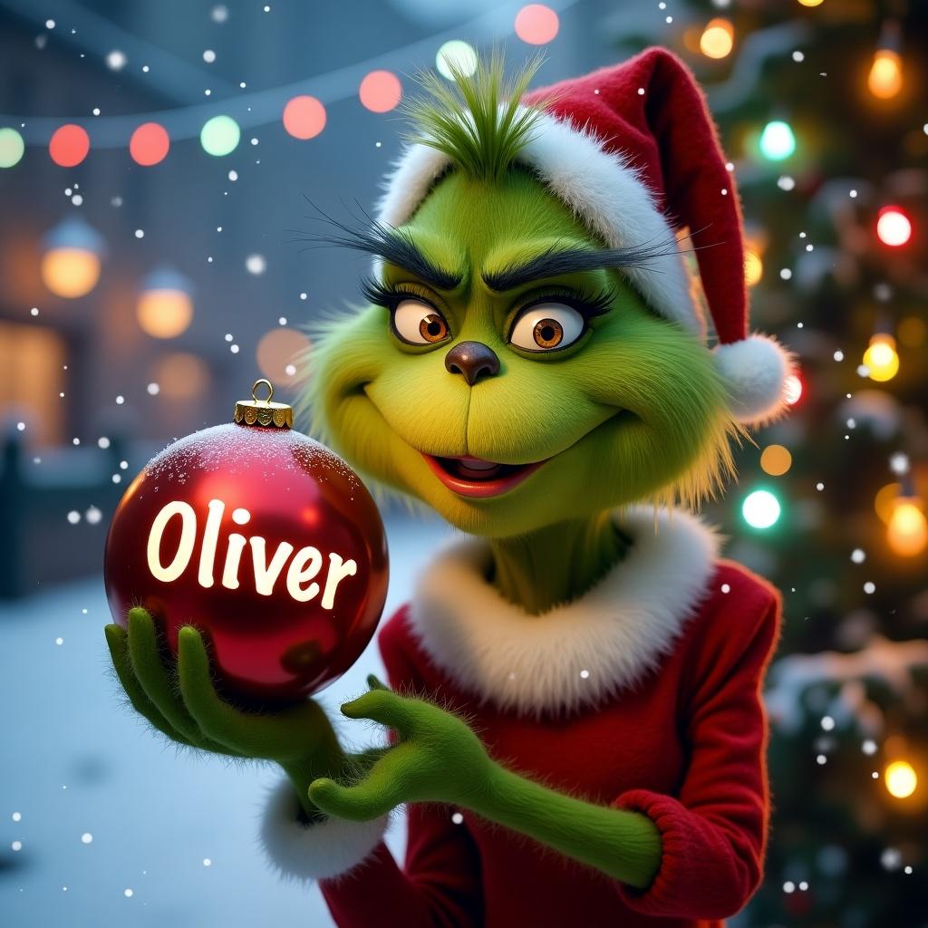 Grinch character holding a Christmas bauble with name oliver. Snowy background decorated with Christmas lights.