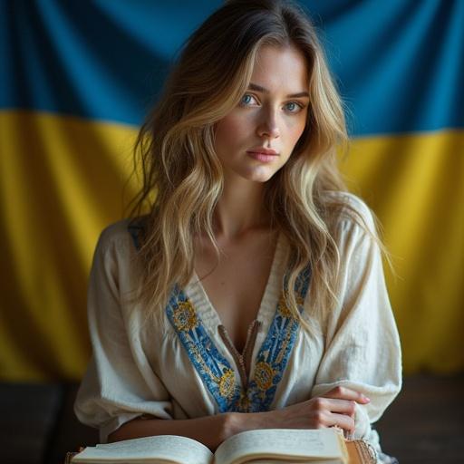 Striking portrait of young woman with blue eyes and dark blonde hair. She has a pensive expression and wears an embroidered blouse. Holding a journal in her lap. Background features Ukrainian flag and Cyrillic script. Soft natural lighting creates intimacy.