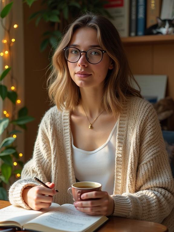 Portrait of a woman in her twenties with wavy light brown hair and round glasses. She has a warm expression and is sitting with a mug of tea and a notebook. An oversized pastel cardigan is worn. Background features plants and fairy lights.
