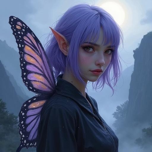 Masterpiece digital painting of a cunning fairy rogue. Features lavender hair and piercing eyes. Includes butterfly wings with torn edges and faint iridescence. Atmospheric with shadowy lighting and eerie mist. Background contains foggy mountain peaks and an overcast twilight sky.