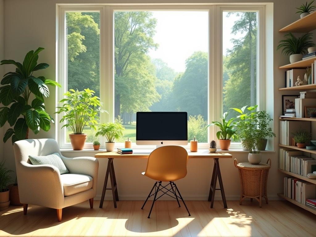 Imagine a bright and serene home office with large windows that open up to a beautiful green landscape. The room features a wooden desk positioned facing the window, adorned with a sleek computer, a small decorative figure, and a cozy cup of tea. Above the desk, there are shelves filled with various plants, bringing a touch of nature indoors. The floor is made of light wood, contributing to a warm atmosphere. At the side of the room, there's a comfortable chair and a small table with a potted plant on it, enhancing the overall inviting vibe.