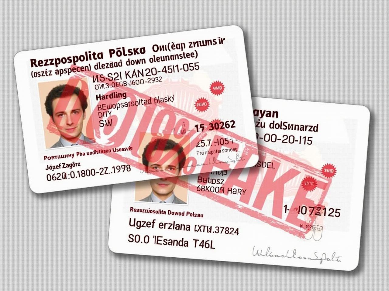 The image shows two identity cards overlaid with a prominent red stamp that reads "100% FAKE" repeatedly. The cards are from Poland, as indicated by text such as "Rzeczpospolita Polska" and "Dowód osobisty". One card has the name "Józef Zagórz" and an issuance date of "16.11.2020" while the other is for someone named "Bartosz" with a birth date of "02.10.2025". The background features a digital pattern that emphasizes the fake status of both cards. The identity cards contain various personal information such as identification numbers and authorities but are marred by the red overlay indicating their illegitimacy.