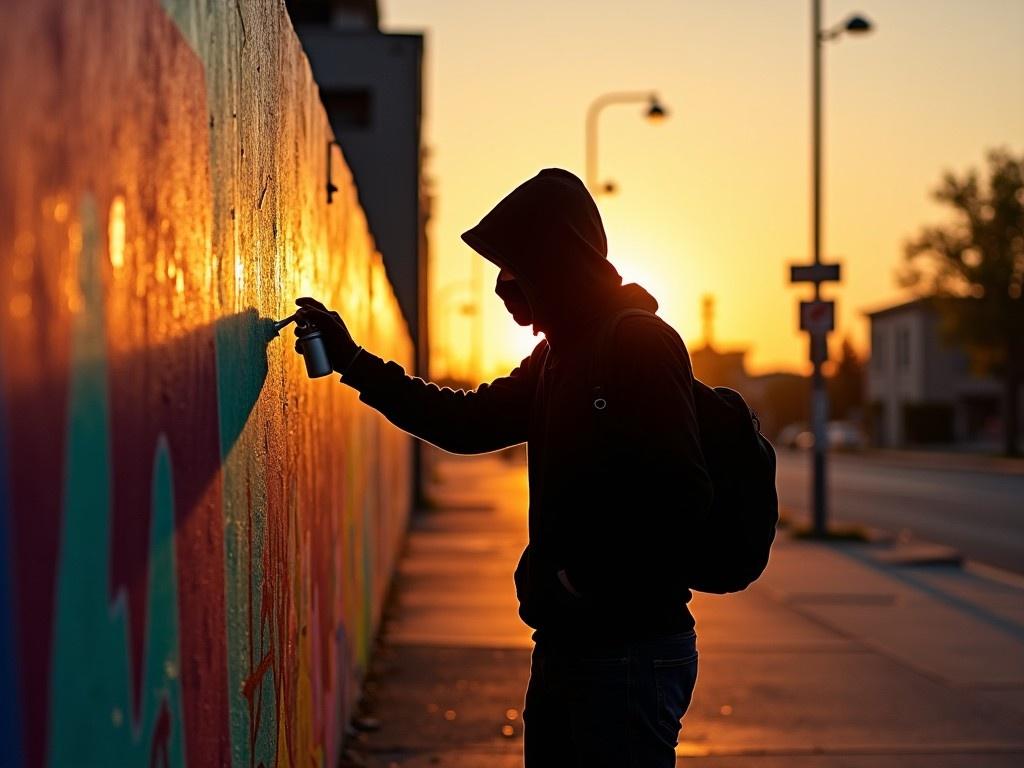 The image captures a silhouette of a person spray painting on a colorful graffiti wall during sunset. The vibrant colors of the wall contrast beautifully with the warm golden light of the setting sun. The individual is wearing a hood and a mask, adding an element of mystery and anonymity. The surrounding environment has an urban feel, with empty streets and streetlights in the background. This scene symbolizes creative expression and the culture of street art.