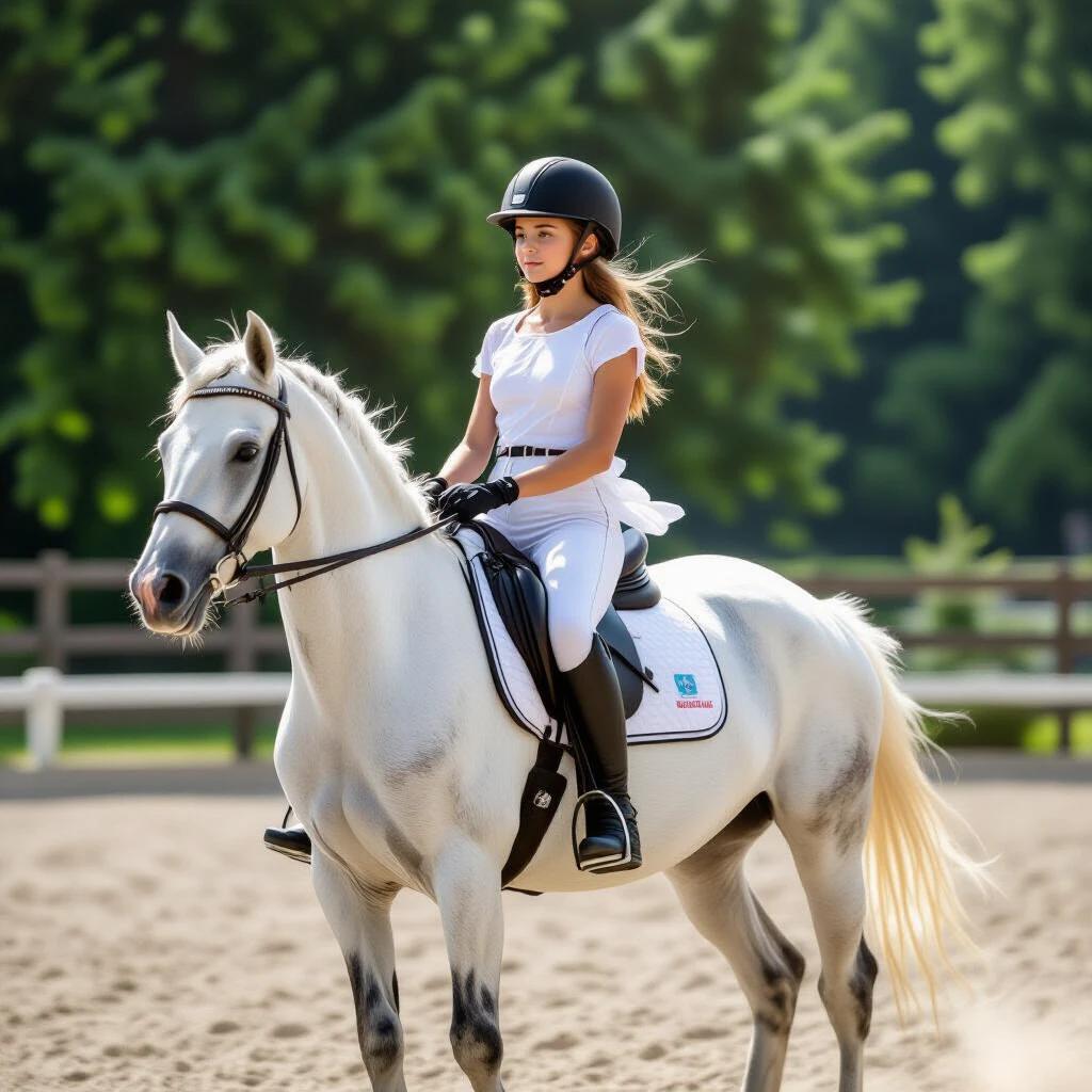 A girl rides a white horse in an outdoor arena. The girl is dressed in equestrian attire including a fitted shirt and riding boots. The scene depicts a well-groomed horse and a lush green background in a sunny setting. The image shows skillful horse riding and connection between the rider and horse.