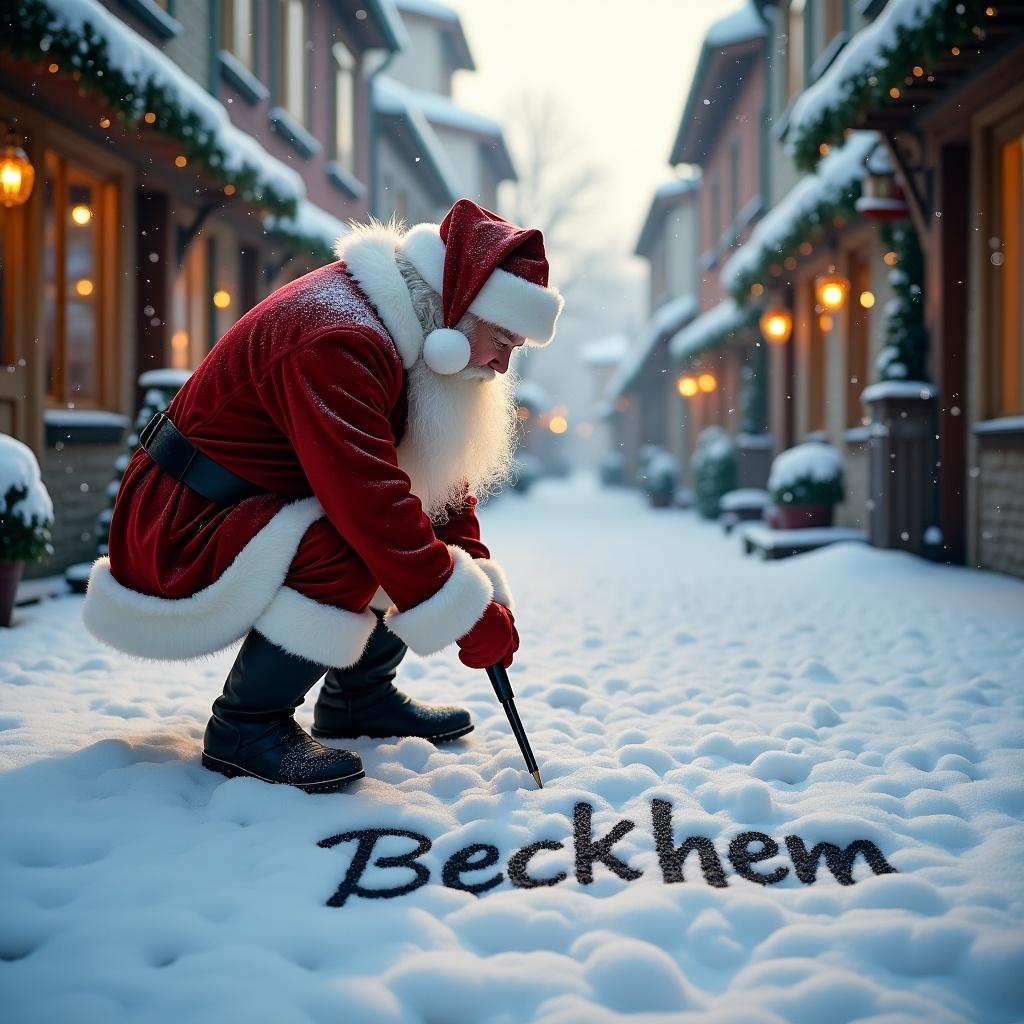 Santa Claus writing the name Beckhem in snow. Traditional red and white attire. Quaint buildings on a snowy street. Soft winter light creating a warm glow. Overall festive and cheerful mood.