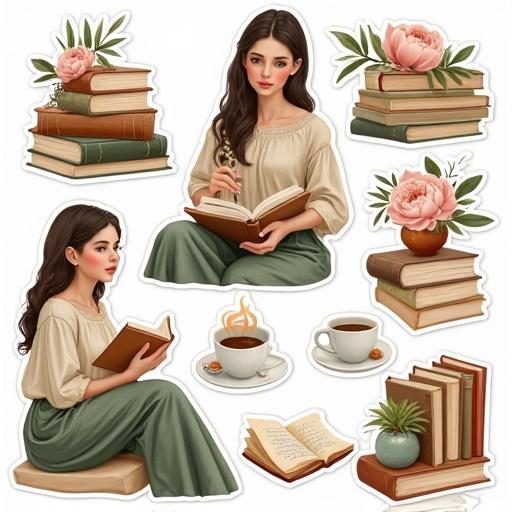 A collection of digital vector stickers. Stickers feature a bookish girl in cozy poses. Young woman reading in a warm scene. Surrounded by stacked books, vintage notebooks, coffee, peony flowers, plants, and accessories. Soft shades of sage green, cream, beige, and light brown. Each sticker is separate, pre-cropped in PNG format, ideal for digital use. Emphasis on gentle interaction with objects.