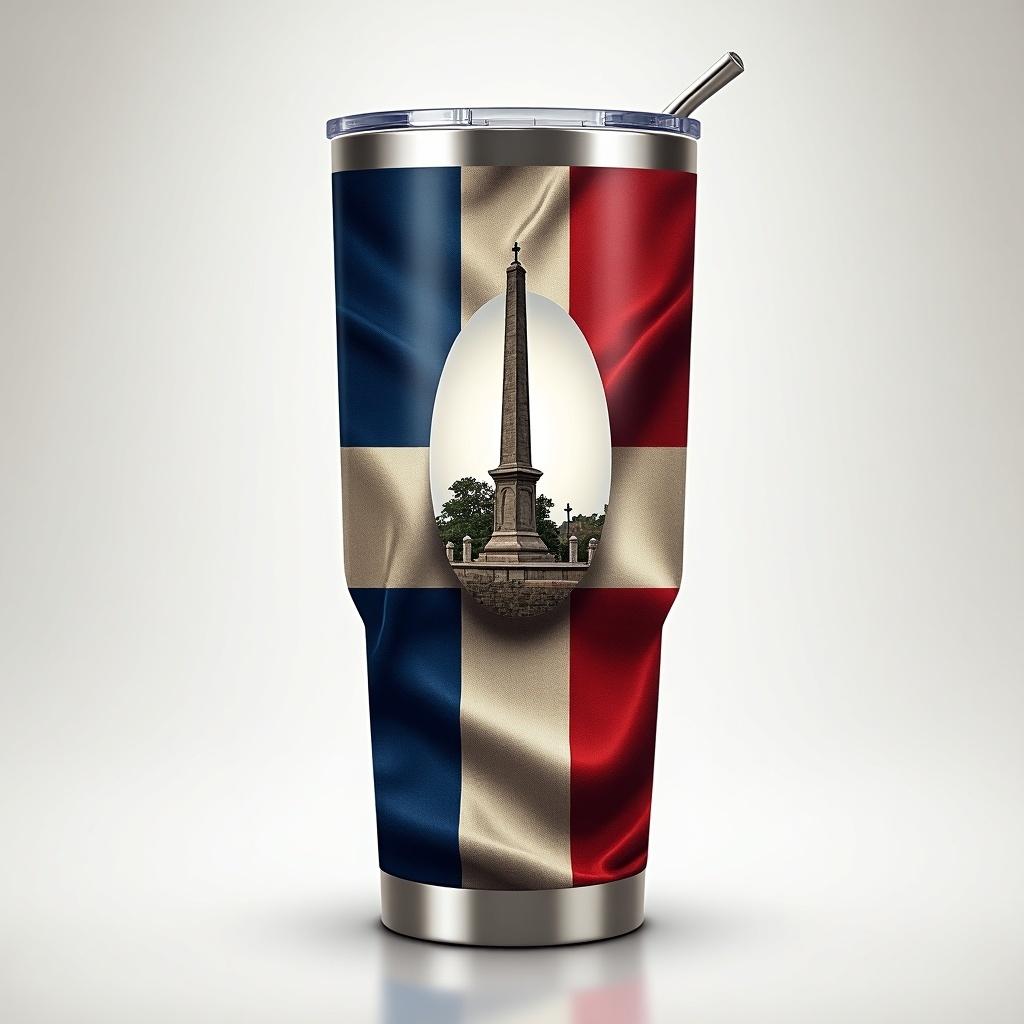 Design for a tumbler reflecting the Dominican Republic theme. The bottom features the Dominican flag. An opening in the middle showcases the Monumento in the center. Enhance the concept for appeal.