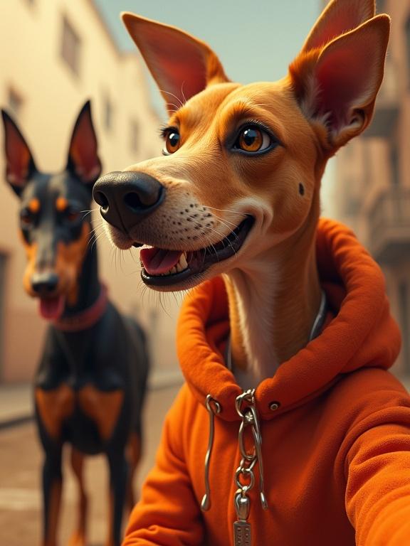A whimsical and colorful selfie featuring a dog in a cozy orange hoodie. The dog has a happy expression and large expressive eyes. In the background, three Doberman dogs appear playful and curious. The setting resembles a cheerful neighborhood street. Sunny atmosphere enhances the feeling of joy and companionship.