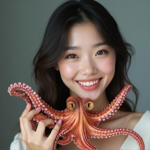 Korean model smiles holding an octopus. Bright and cheerful expression with soft lighting and natural colors. Octopus cradled in hands, focusing on model's face.