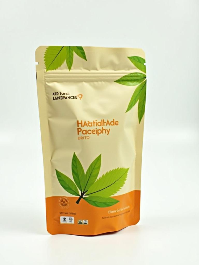 Stand-up pouch for tea packaging. Natural leaf designs on a beige background. Made from laminated materials. Flat base for stability on shelves. Resealable zipper and tear notch for user convenience. Eco-friendly and vibrant color palette.