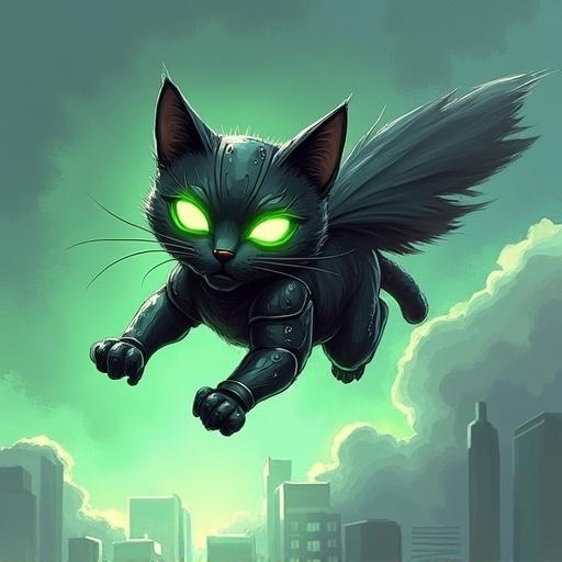 tablet sketch of a metal cat with green luminescent eyes flying in the sky like Superman