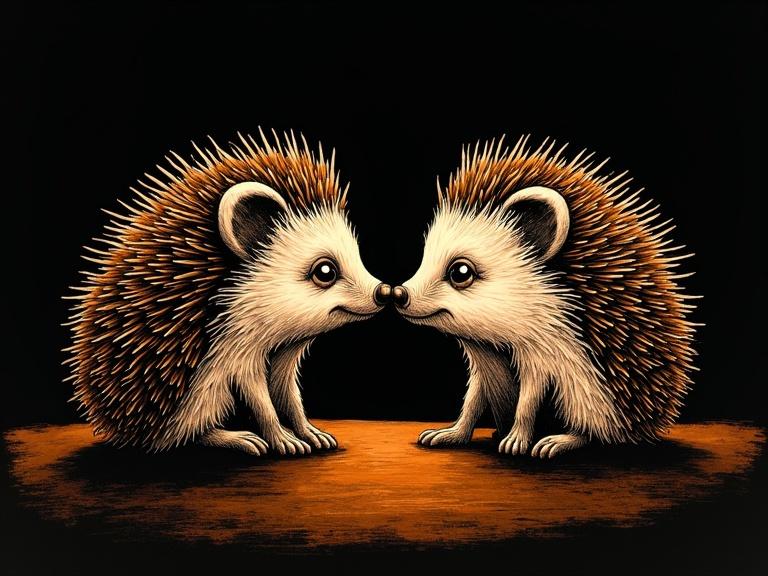 Portrait of a couple of hedgehogs kissing. Monochrome illustration with orange and black hues. Soft gaze on their faces. Candid stance with a quarter-turn view. Deep shadows enhance contours and texture. Bold hand-drawn lines with intricate ink details.