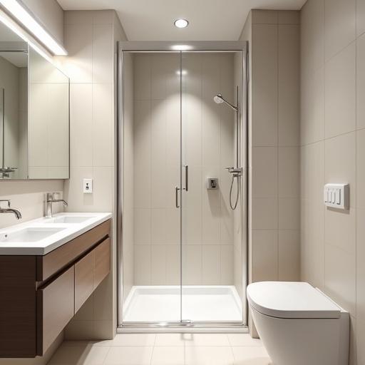 Standard small bathroom with a walk-in shower at the center behind glass. Two modern basins with mirrors on the left side. A single toilet on the right side. Clean tiled walls and floor visible throughout. Wide angle camera shot right in front of the shower. Soft ambient lighting enhances the space. Compact and functional layout created with realistic materials.