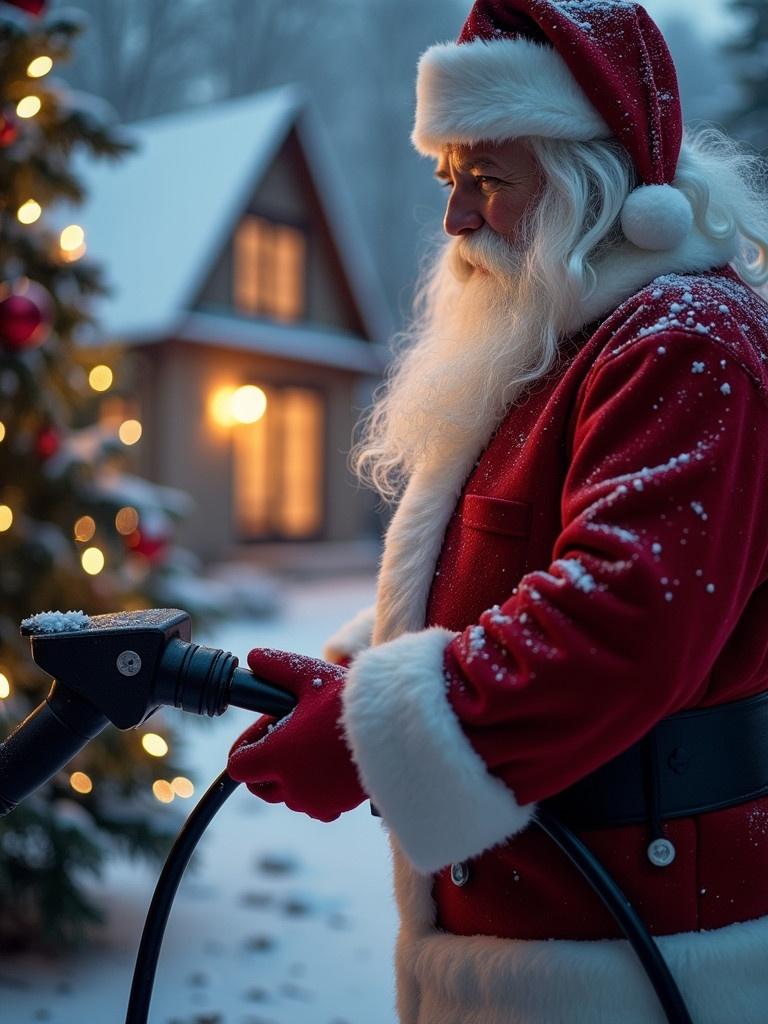 Santa holding an electric vehicle charger in a snowy outdoor setting near a Christmas tree and house.