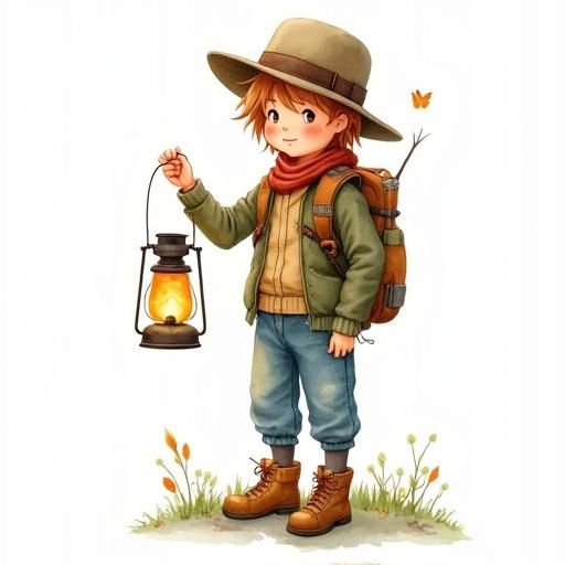 Watercolor illustration of a young camping guide with a lantern. Child is dressed in camping attire with a backpack. Light background enhances the character focus.