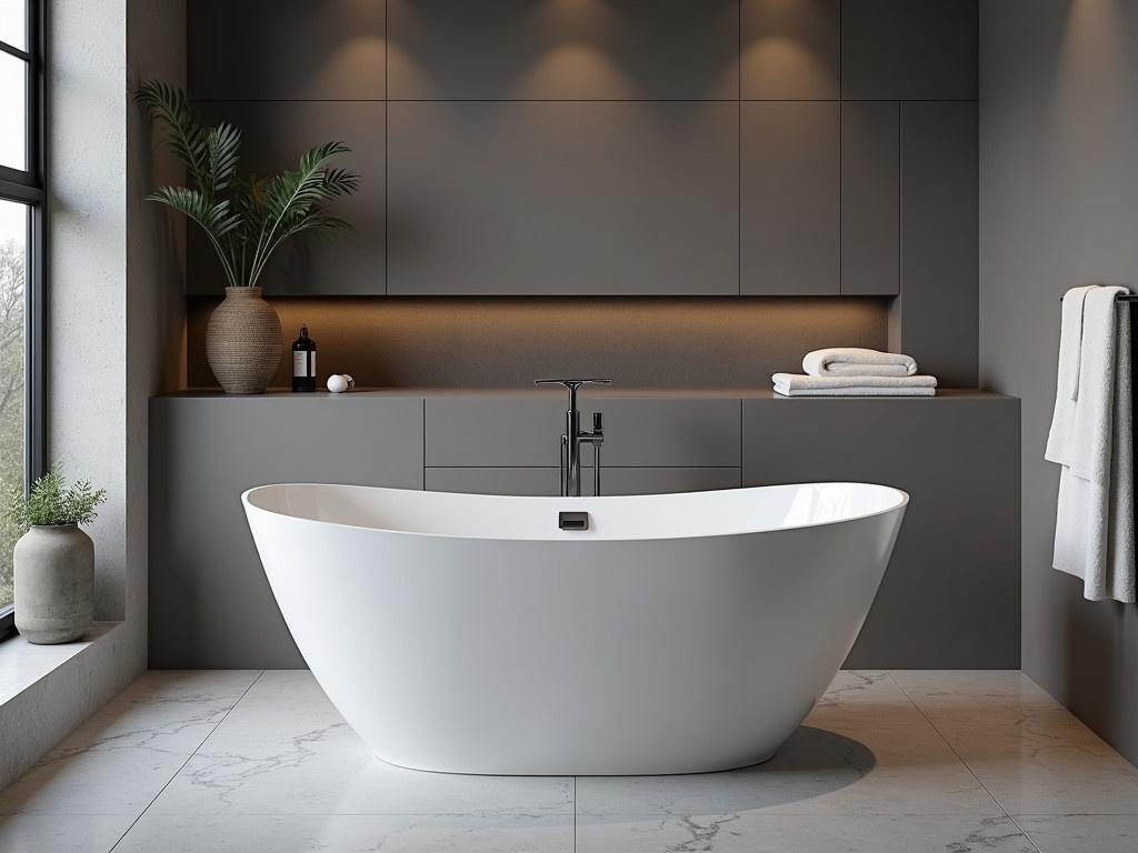 This image features a sophisticated freestanding bath in a modern bathroom setting. The beautifully designed bath is prominently placed, drawing attention with its sleek lines and glossy finish. The bathroom is designed in a contemporary gray color palette, which enhances the modern aesthetic. Soft lighting options are featured, providing a warm ambiance that complements the minimalist decor. Overall, the space is both functional and stylish, perfect for relaxing moments.