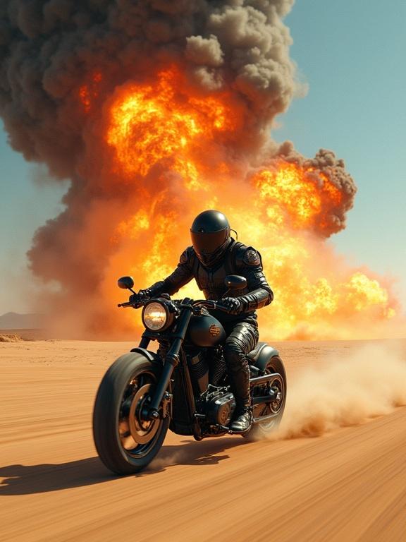 Lone biker speeds through desert on motorcycle with explosion behind. Fireball erupts into clouds of smoke. Scene captures adrenaline and chaos. Side view angle.