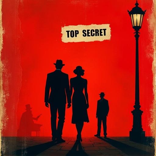 Red textured background with torn paper effect. Silhouettes of a man and woman in 1920s attire. A file marked 'TOP SECRET'. A shadowy figure watching from behind a streetlamp. A faint gun silhouette in the corner.