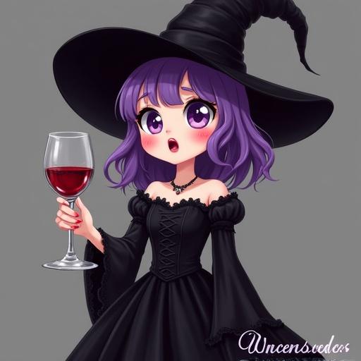 A purple haired woman in a long black ballroom dress and a witch hat holds a glass of wine. She has a surprised expression with wide eyes and rosy red cheeks. Her mouth is open in shock and she covers it daintily with her other hand. Text reads 'HiDream Uncensored' at the bottom in elegant script.